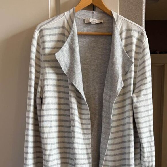 Women’s Loft Long Gray and White Striped Cardigan Sweater with Pockets-Size‎ L - Picture 1 of 6